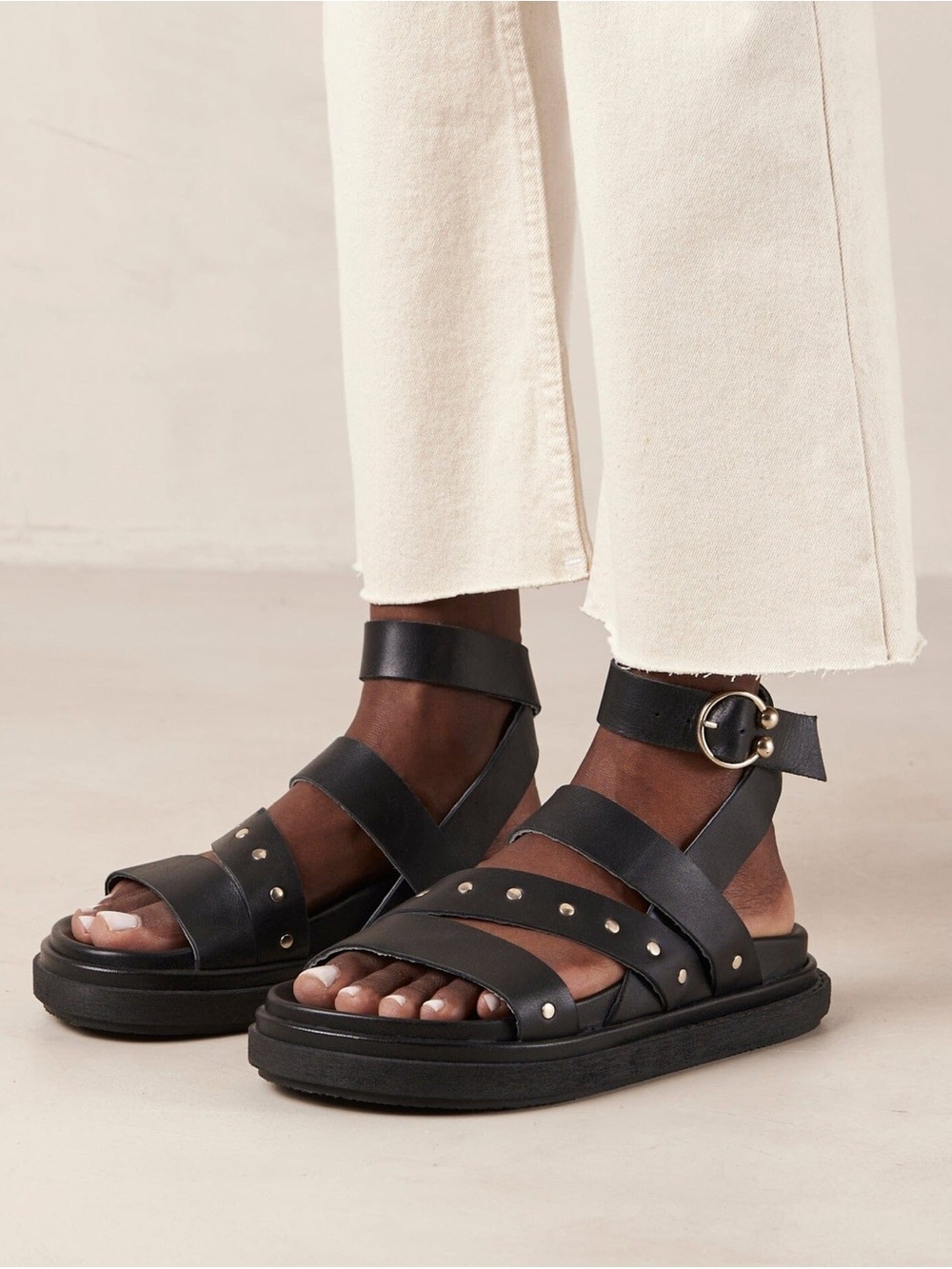 ALOHAS Black Studded Platform Ankle-Strap Sandals